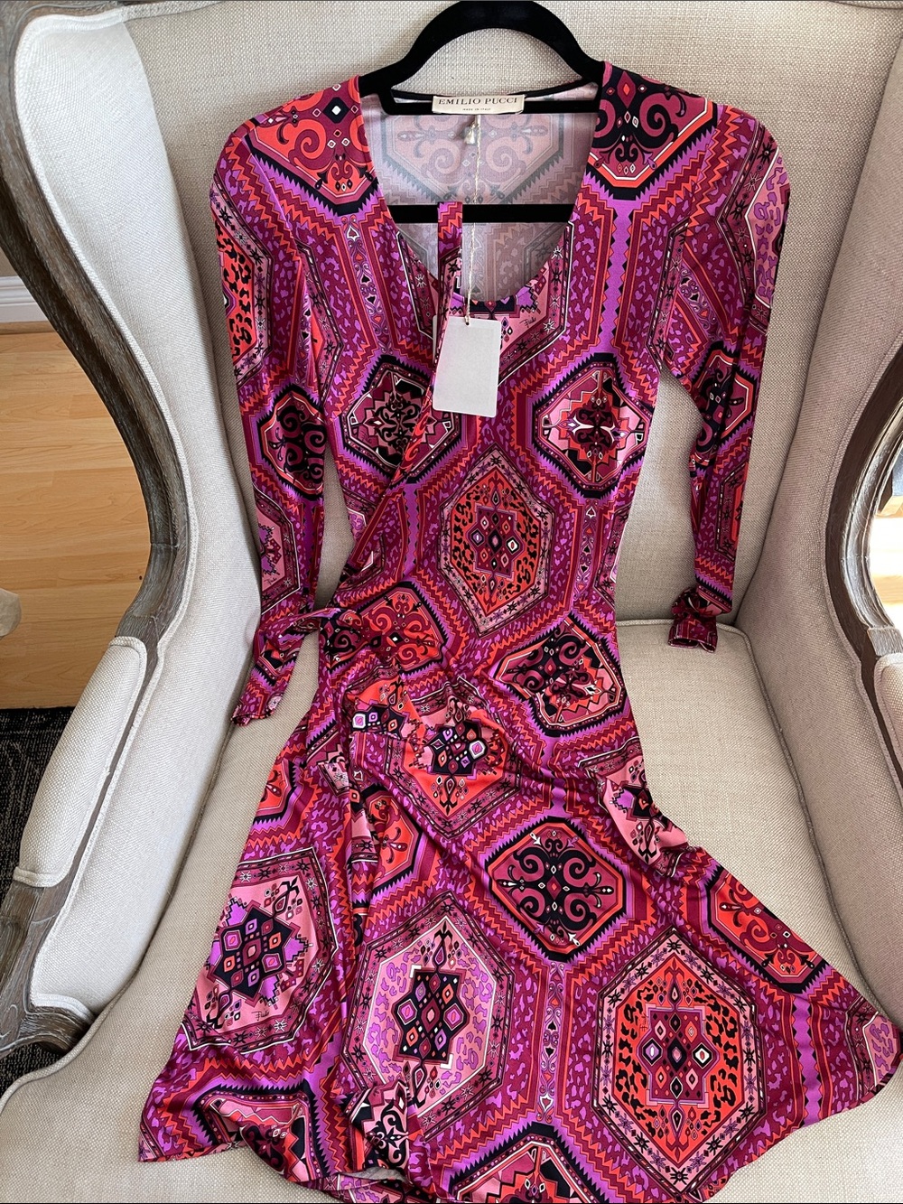 Emilio Pucci Pink & Black Geometric Long Sleeve Midi Dress with belt NEW - Picture 15 of 16